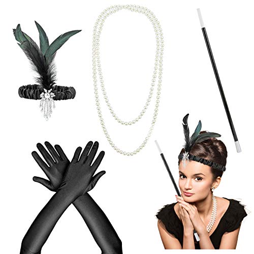 HOWAF Flapper complementos Disfraz años 20 Mujer Accesorios Set Gran Gatsby Diadema, Collar, Guantes, Canastilla de Cigarro HOWAF Flapper complementos Disfraz años 20 Mujer Accesorios Set Gran Gatsby Diadema, Collar, Guantes, Canastilla de Cigarro