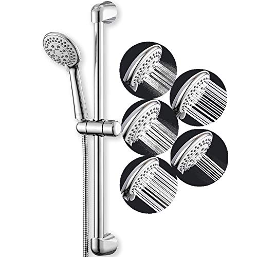 INEX Europa - Set de Ducha con barra deslizante de de acero inoxidable Alcachofa de 5 funciones y flexible de 175 cm de acero inoxidable Alta Presión Ahorro de Agua, A98089BPLUS