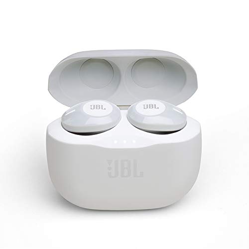 JBL Tune 120 - Auriculares inalámbricos con Bluetooth y JBL Pure Bass Sound, 16 h de música continua y estuche de carga inteligente, blanco