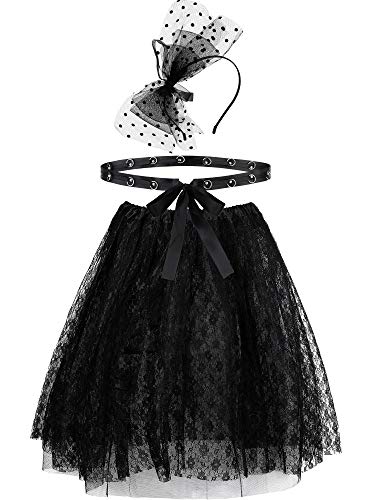 Juego de accesorios para disfraz de los años 50/ 20, incluye diadema con lazo negro, falda de encaje y cintura fina para mujeres y niñas Juego de accesorios para disfraz de los años 50/ 20, incluye diadema con lazo negro, falda de encaje y cintura fina para mujeres y niñas