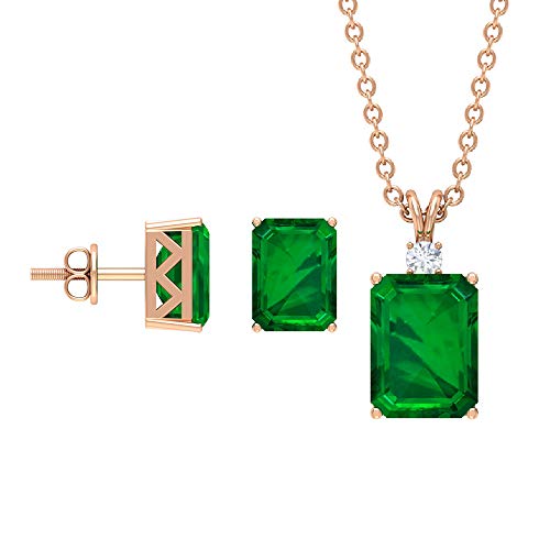 Juego de pendientes y colgante de esmeralda, 2 mm, colgante de diamante, oro (8 x 6 mm, esmeralda creada en laboratorio) verde