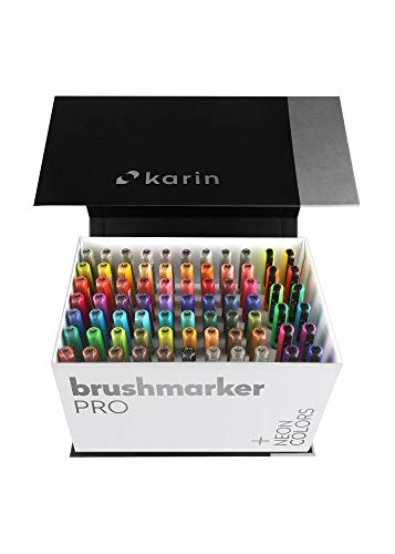 Karin Mega Box Plus 27C13 - Juego de 72 colores + 3 difusores de pintura con base de agua para pintar, dibujar y escribir a mano, multicolor, colores neón incluidos