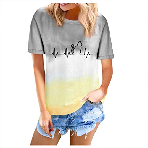 KEERADS Camiseta de manga corta para mujer, color degradado, camiseta de verano, camiseta suelta, parte superior grande S-5XL, diseño de gatitos gris XXXL