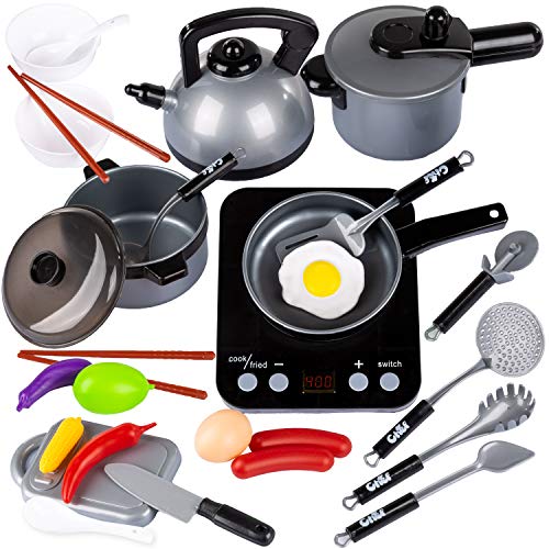 Kinderplay 26 pcs Kit de Cocina para Niños Accesorios, Juguetes de Cocina Set,Juego de Cocina con Utensilios de Cocina, Regalos de Fiestas, Cumpleaños, Navidad para Niños, KP6811