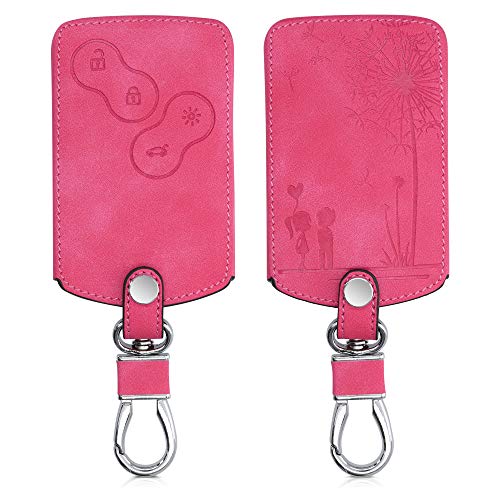 kwmobile Funda Compatible con Renault Llave de Coche de 4 Botones (Solo Keyless Go) - Case de Piel de Nobuck sintética para Mando de Coche - niños y Diente león Rosa Fucsia