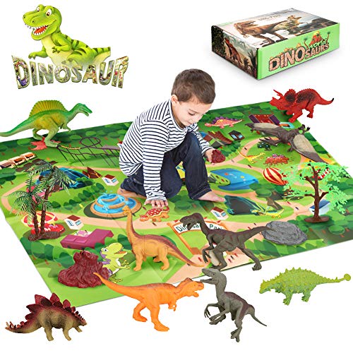 Laelr Figuras de Juguete de Dinosaurio Actividad Jugar Mat Trees Rocks 9pcs Juego de Dinosaurio Realista Educativo No tóxico Dino Pack Juguetes