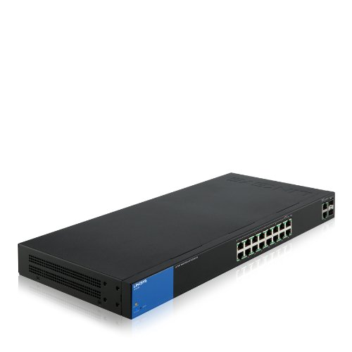 Linksys LGS318P-EU - Smart Switch Gigabit PoE+ para empresas de 18 puertos (seguridad avanzada, QoS, instalación y gestión sencillas), negro y azul