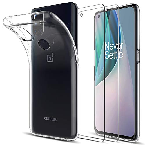 LK Compatible con Oneplus Nord N10 5G Funda con 2 Pack Protector de Pantalla Vidrio Templado, HD Transparente Carcasa Ultra Fina Suave TPU Silicona Gel Case Cover - Clara