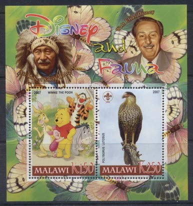 Malawi 2007 disney and fauna miniature sheet #6 2 values cartoons baden powell scouts winnie the pooh Guadalupe Caracara MNH JandRStamps