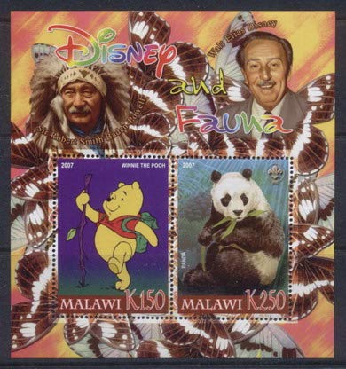 Malawi 2007 disney and fauna miniature sheet #9 2 values cartoons baden powell scouts winnie the pooh panda MNH JandRStamps