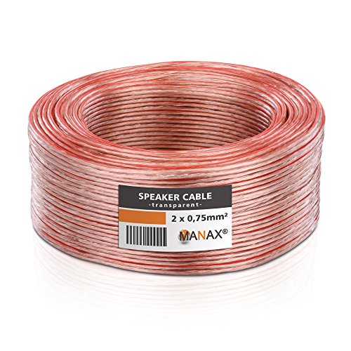 Manax - Cable de Altavoz (2 x 0,75 mm2 CCA, Cable de Audio y de Altavoces) 25m 0,75mm² - 1 Ring Transparente