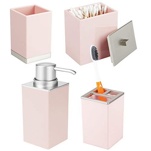mDesign Juego de 4 accesorios para el baño – Porta cepillos de dientes, dosificador de jabón, contenedor con tapa y vaso – Fabricados en plástico resistente – rosa/plateado