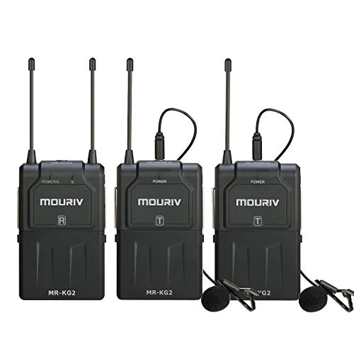 Micrófono de solapa inalámbrico UHF de 16 canales, sistema de micrófono inalámbrico Lav MR-KG2 de MOURIV compatibles con cámaras DSLR, videocámaras, iPhone, teléfonos inteligentes Android y tabletas