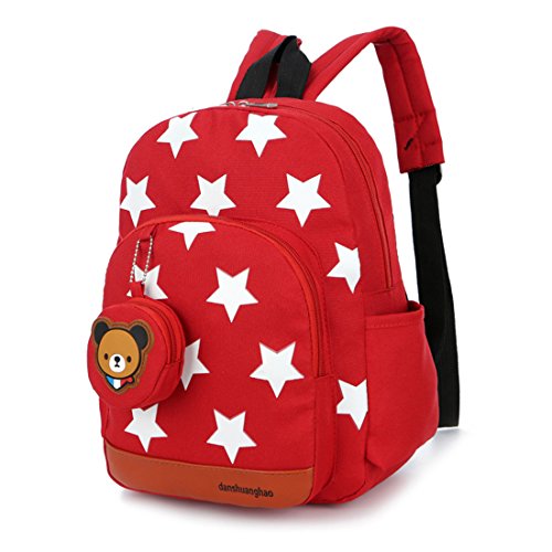 Mochila para niños,Bolsos de Escuela para niños Mochila de Mochila de niño pequeño Bolsas preescolares de guardería Cute Star Bear (3-7 años de Edad)-Rojo
