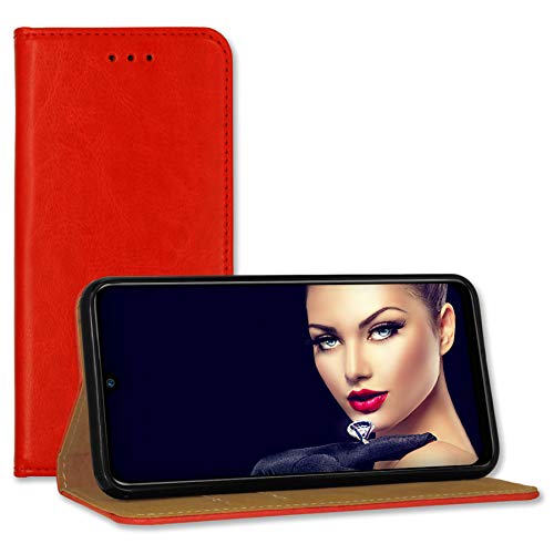 mtb more energy® Funda Bookstyle en Cuero para Xiaomi Redmi 9 (6.53'') - Rojo - Cuero auténtico - Wallet Case Carcasa Cubierta Estuche