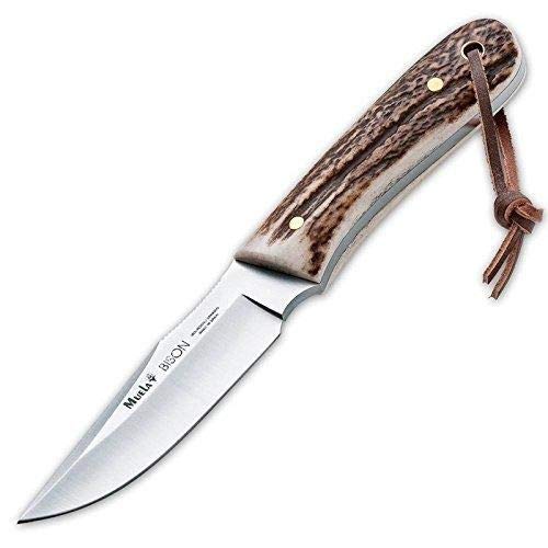 Muela Cuchillo BISON-9A Hoja de Acero MoVa de 9 cm y empuñadura de asta de Ciervo para Caza, Pesca, Supervivencia y Bushcraft Realizado en Ciudad Real + Portabotellas de Regalo