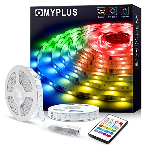 MYPLUS - Tira LED RGB (10 m, con mando a distancia por infrarrojos y fuente de alimentación de 12 V, cambio de color SMD 5050, para casa, dormitorio, TV, decoración de armarios