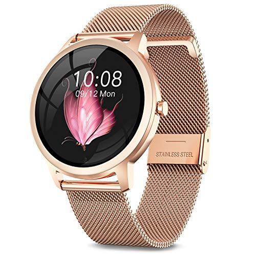 NAIXUES Smartwatch, Reloj Inteligente para Mujer, Reloj Deportivo Impermeable IP67 con Monitor de Sueño Pulsómetro Podómetro Notifica Whatsapp, Pulsera Actividad Inteligente para Android iOS (Oro)