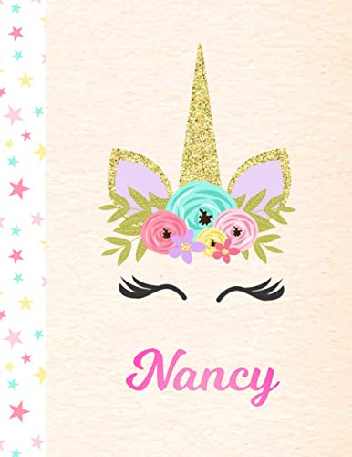Nancy: Personalized Unicorn Handwriting Practice Paper for Girls, 8.5 x 11, Mid-Line Dashed Learn to Write Pink Blank K-2 Primary Kids Writing Pages