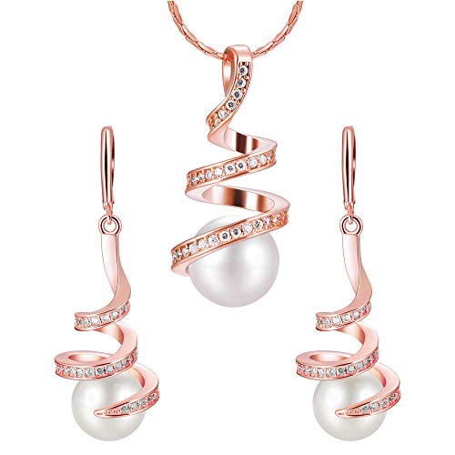 Oro rosa plateado perlas simuladas CZ collar pendientes conjuntos de joyas para mujeres, cadena de 45 cm