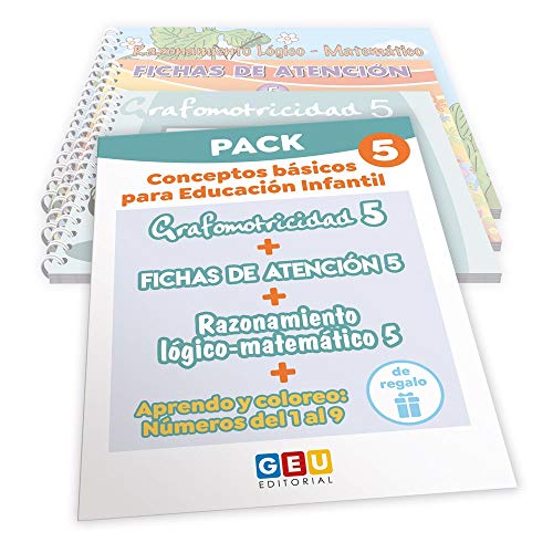 Pack Conceptos básicos Educación Infantil 5 | Editorial Geu | mejora la atención Grafomotricidad y preescritura | Desarrolla Razonamiento matemático (Niños de 3 a 5 años)