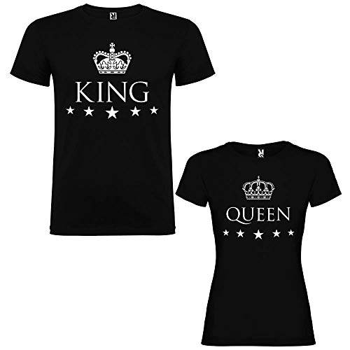 Pack de 2 Camisetas Negras para Parejas, King y Queen, Blanco (Mujer Tamaño S + Hombre Tamaño S)