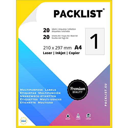 PACKLIST 20 Etiquetas Adhesivas A4 - Etiquetas impresora 210 x 297 mm. 20 Hojas Papel Pegatina para Imprimir A4-1 Etiqueta por Hoja - Papel Adhesivo para Imprimir - Papel de Pegatina Impresión Premium