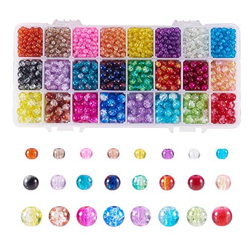 PandaHall Cuentas redondas de cristal agrietado de 4 mm, 6 mm, 8 mm, 2720 unidades, 24 colores de cristal agrietado para collares, pulseras y bisutería.