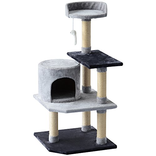 PawHut Árbol para Gatos Rascador Grande con Plataformas Casetas Ratón de Juego 100cm Tablero de partículas Cubierto de Felpa Beige