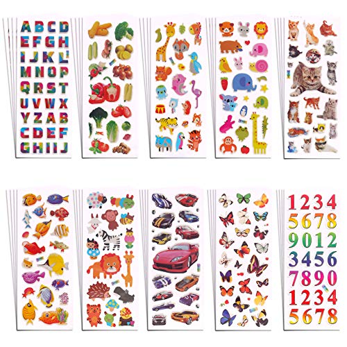 Pegatinas para Niños,RYMALL 750+ 3D Puffy Sticker Variedad ,40 Hojas Diferentes ,de Pegatinas para Regalos Gratificantes Scrapbooking Que Incluye Animales, Peces, Letras,Números, vehículo y Más