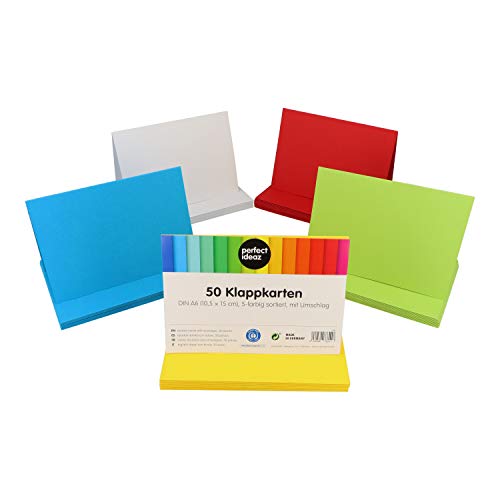 perfect ideaz 50 tarjetas plegables de colores DIN-A6 con sobres de 11 x 15,5 cm, elaboradas de forma sostenible en Alemania, tarjeta doble en 5 colores, set en blanco, para manualidades