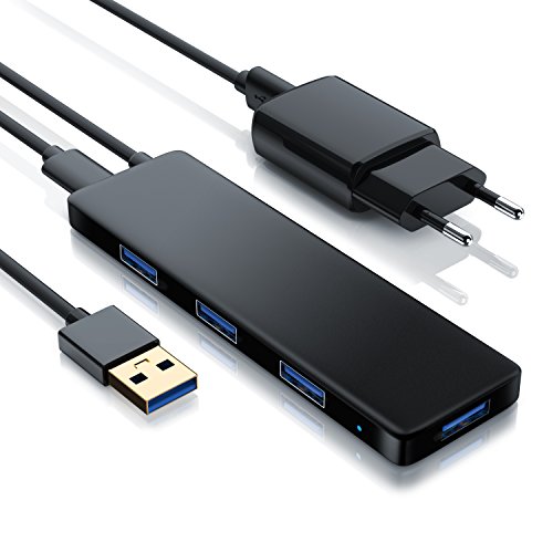 Primewire Hub USB 3.0 Tipo A Super Speed Slim de 4 Puertos Activo- Incl. 1x Fuente de alimentación con Conector Hueco CC 5V 2A 5,5 mm x 2,1 mm - 4 Puertos Hub Power Adapter