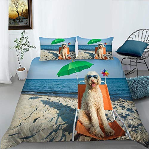 Prinbag Perro en Vacaciones en la Playa Impresión 3D Juegos de Cama con Fundas de Almohada Animal Divertido para el hogar Textiles 150x200cm