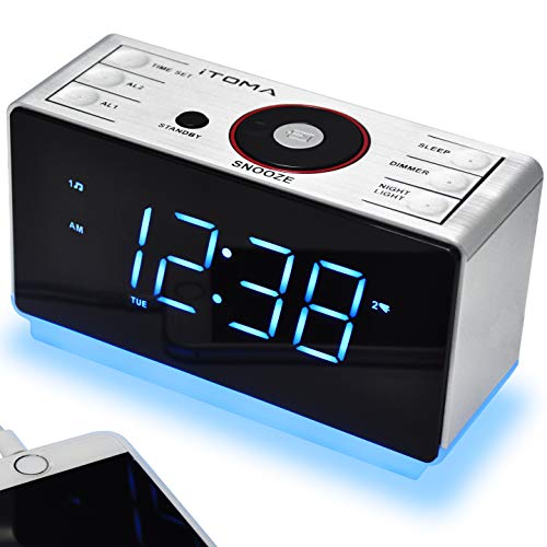 Radiodespertador inalámbrico Bluetooth Radio FM Digital Doble Despertador Regulador de 4 Niveles Función de Carga USB para Móvil Batería de Copia de Seguridad en caso de corte de corriente (CKS708BT)