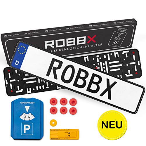 ROBBX® [Juego de 2] Soporte para matrícula de coche, color negro, sin marco, sin publicidad, amortiguador de vibración para protección de la pintura, disco de aparcamiento gratis.