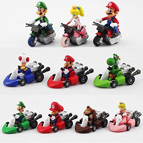Romantic-Z 10 unids / Set Super Mario Bros Kart Pull Back Car Cute Figuras PVC Colección Figuras Juguetes brinquedos Juguete
