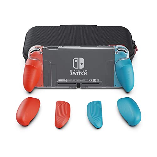 Skull & Co. GripCase Crystal Bundle: A Dockable Transparent Protective Cover Case with Replaceable Grips [to fit All Hands Sizes] for Nintendo Switch - Neon Red & Blue