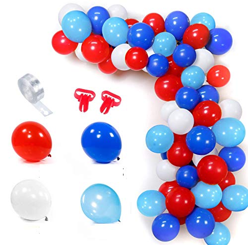 SPECOOL Globos Blancos y Azules Rojos Azul Claro Globo Kit de Guirnalda 100 Globos Arco de 16 Pies Raya Cinta 2 Piezas Herramienta para Cumpleaños Graduaciones Superhéroe Decoración de Fiesta Temática