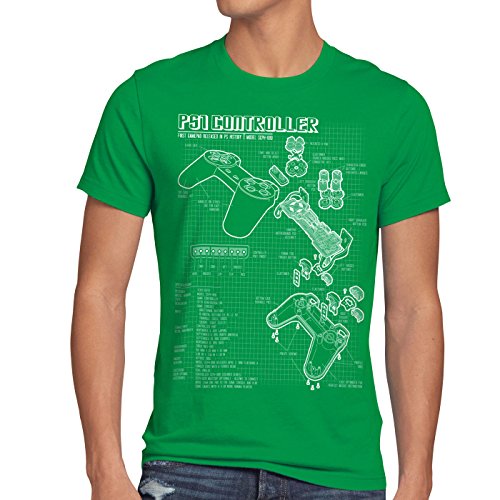style3 PS1 Controlador Cianotipo Camiseta para Hombre T-Shirt Videojuego videoconsola Classic Gamer, Talla:L, Color:Verde