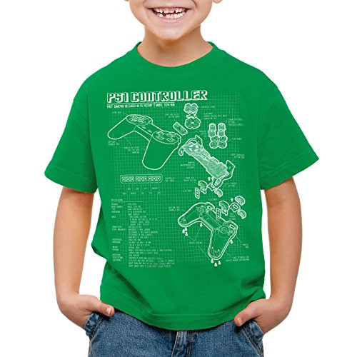 style3 PS1 Controlador Cianotipo Camiseta para Niños T-Shirt Videojuego videoconsola Classic Gamer, Color:Verde;Talla:128