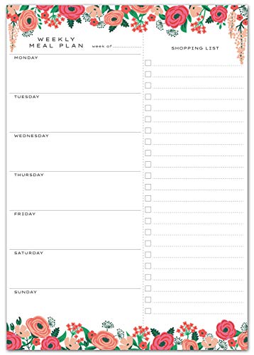 Sweetzer & Orange Planificador de Comidas - Bloc de Notas Diseño Floral - Organizador Semanal/Diario de Comida - Lista Compra, 2 Imanes para Colgar en la Puerta del Refrigerador - 17x25cm, 52 Hojas