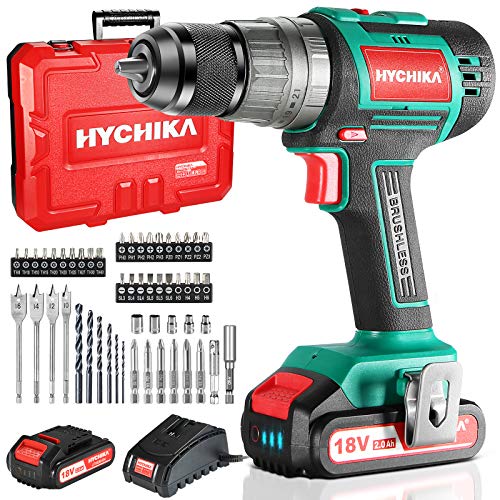 Taladro Atornillador Brushless, 2 * 2.0Ah Baterías 18V, HYCHIKA 60Nm, 52 Accesorios, Taladro Percutor, 1H Cargador Rápido, 3 Funciones, 13MM mandril, 21+3 Ajustes, Taladro Atornillador Sin Escobillas Taladro Atornillador Brushless, 2 * 2.0Ah Baterías 18V, HYCHIKA 60Nm, 52 Accesorios, Taladro Percutor, 1H Cargador Rápido, 3 Funciones, 13MM mandril, 21+3 Ajustes, Taladro Atornillador Sin Escobillas