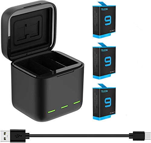 TELESIN Cargador triple y caja de almacenamiento de batería con cargador de 3 canales con 2 baterías recargables de iones de litio para GoPro Hero 9 Black (cargador + 3 baterías)