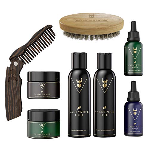 The Beard Struggle Ultimate Kit – Paquete de cuidado para hombres – bálsamo, aceite, lavado y acondicionador para limpieza, hidratación y crecimiento de escorpiones – (oro – Valkyries Oud)