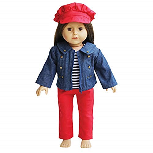 The New York Doll Collection 18 pulgadas / 46 cm Muñeca Atuendos - Mezclilla Chaqueta con A rayas Tee Rojo Pantalones, Sombrero Incluido -Se adapta 18 pulgadas / 46 cm Muñecas