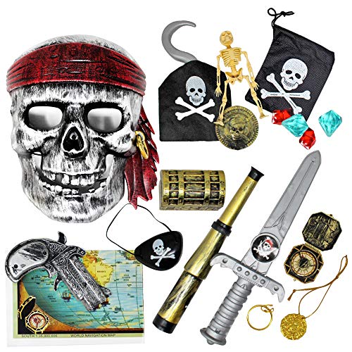 THE TWIDDLERS 15 Juguetes temáticos de Piratas - Accesorios de Disfraz con Espada, Parche de Ojo, Gancho Fiestas Infantil, Cumpleaños, Halloween, Navidad, para niños y niñas.