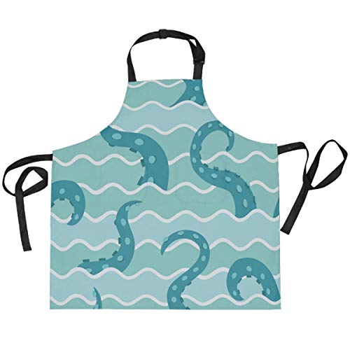 TropicalLife HaJie - Delantal ajustable con babero, diseño de ondas de mar, tentáculos de animales, uniforme de chef con 2 bolsillos para hombres y mujeres, cocina, unisex, ropa de trabajo