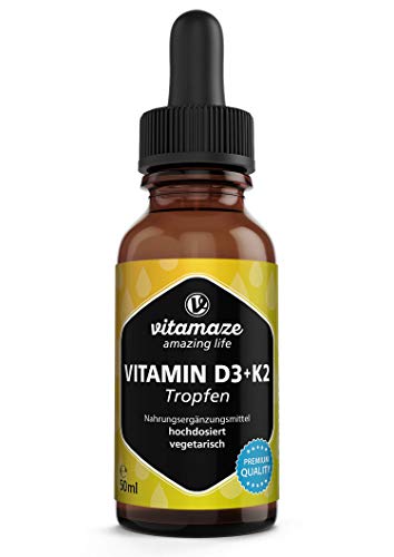 Vitamina D3 + Gotas K2 1000 IU de alta Dosis, Vegetariana y Líquida (más del 99,7% All-Trans MK-7), 50 ml (1700 Gotas), Suplementos sin Aditivos Innecesarios, Alta Biodisponibilidad