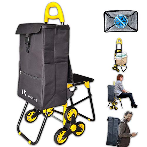 VOUNOT Carro de la Compra de 6 Ruedas Plegable con Asiento y Bolsa Térmica de 36 L, para Subir Escaleras, Negro