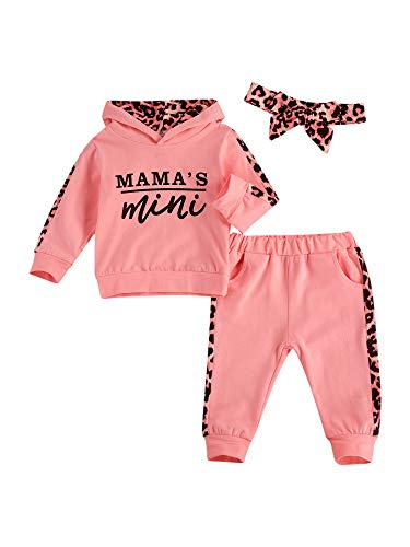 WangsCanis Conjunto de 3 piezas para niña de manga larga con diseño de letra con capucha, jersey de leopardo, pantalones y diadema Rosa 100 cm